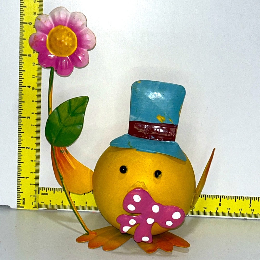 Whimsical Metal Yellow Bird Figurine TopHat Bow Garden Decor Cute Outdoor Statue
